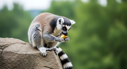 Obraz premium Ring-tailed lemur enjoys a delicious snack on a rocky perch with lush green background