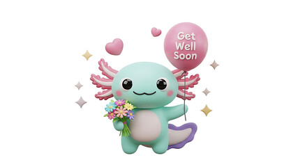Cute axolotl character holding flowers and a get well soon balloon, digitally rendered.
