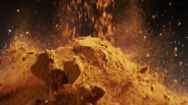 Dynamic Rasam Powder Explosion With Vibrant Orange and Brown Swirls Against a Dark Backdrop Culinary Food Spice Ingredient Texture Aroma Traditional Indian Cooking