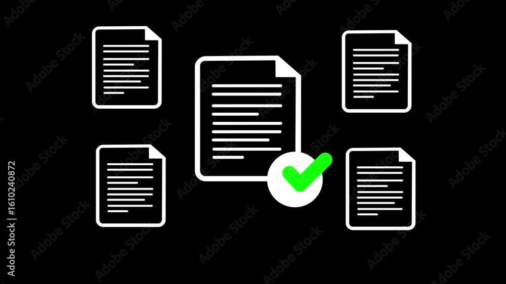 Poster animation of several document icons and one that stands out in the center with a checkmark, black ba
