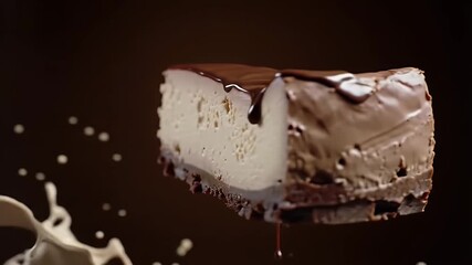 Elevated Chocolate Cheesecake Slice With Creamy Liquid Splash And Dark Glaze Against A Deep Brown Backdrop For Culinary Presentation