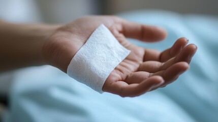 A close-up of a hand with a fresh white bandage after minor surgery in a hospital