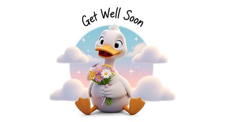A cheerful cartoon duck holding flowers offers a "Get Well Soon" message.