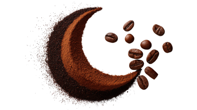 Coffee beans and ground coffee form moon shape on transparent background