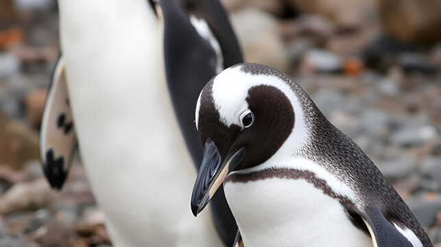 A leucistic gentoo penguin (Pygoscelis papua), showing lack of melanin nesting at the Chilean Base Gonzalez Videla