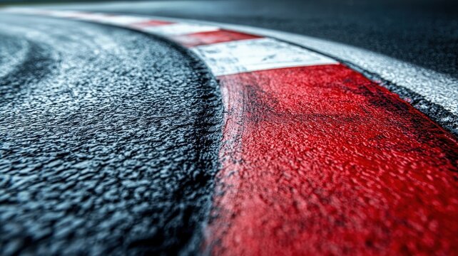 A close-up view of a red curb on an empty F1 racetrack, showcasing the texture and details of the asphalt surface. Ideal for motorsport-themed projects.