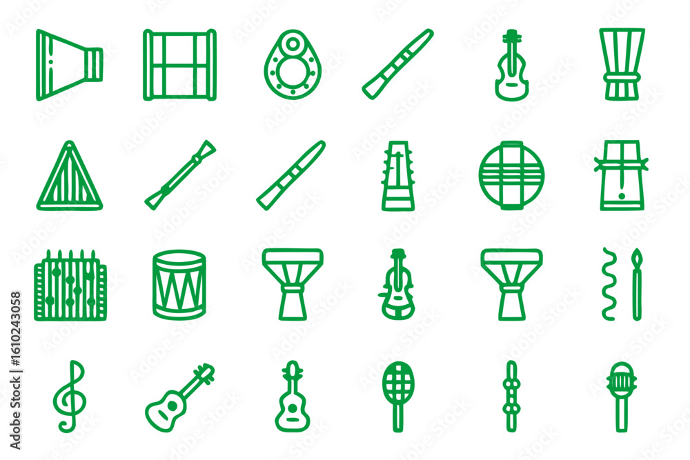 Poster collection of clean modern line art illustrations representing various musical instruments for creat