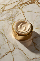 Elegant Gold Skincare Jar on Marble Surface with Natural Light