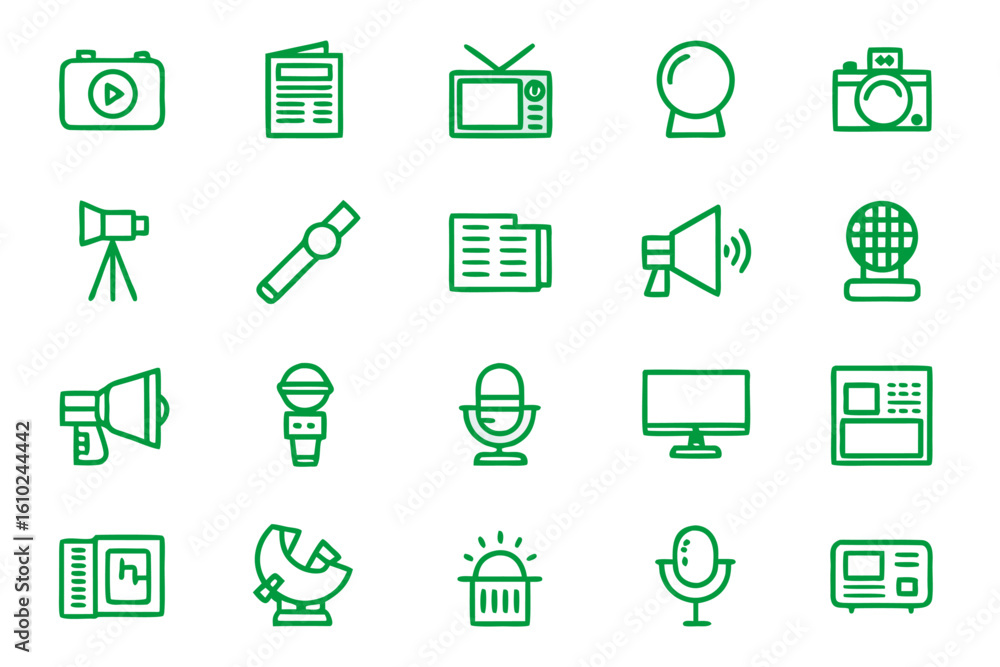 Poster comprehensive news line icon set featuring diverse communication and media graphics in vibrant color