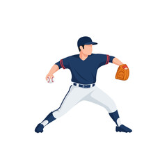 Naklejka premium Baseball pitcher in a blue uniform, poised to throw a ball, wearing a glove, isolated on a white background.