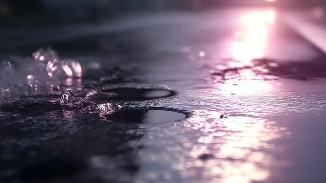 Raindrops falling on a wet surface, beautiful reflections and a serene, calm atmosphere