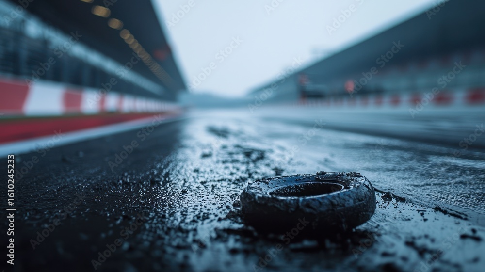 Wall mural an empty f1 track showcasing a close-up view of a weathered tire on wet asphalt, capturing the atmos