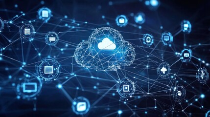 A digital infographic displays interconnected nodes and symbols representing a technological federation of cloud services and data systems