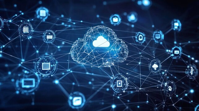A digital infographic displays interconnected nodes and symbols representing a technological federation of cloud services and data systems