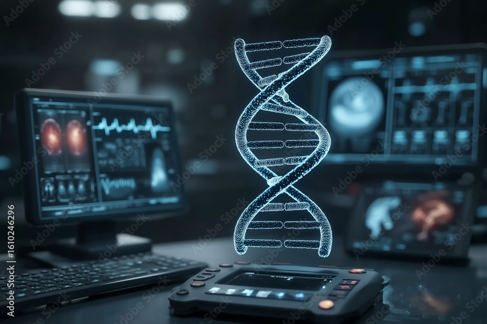 Poster futuristic laboratory with dna hologram amidst advanced computing technology and brain imaging