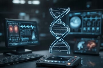Futuristic Laboratory with DNA Hologram Amidst Advanced Computing Technology and Brain Imaging