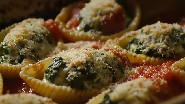 Delicious Stuffed Shells with Spinach and Ricotta in Tomato Sauce close up view presentation