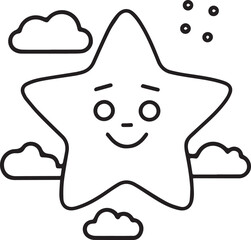 Cute Smiling Star with Clouds Black and White Coloring Page for Kids Ai Generated