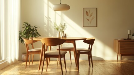Sunny dining room interior, wooden table and chairs, modern minimalist style,  natural light, home decor, calm atmosphere, possible use for home decor catalog