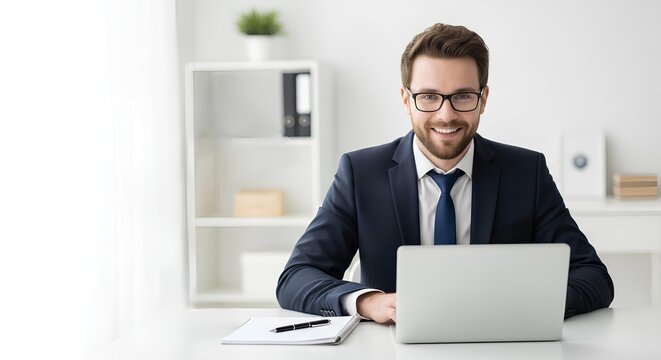 Smiling businessman in suit works on laptop in bright modern office