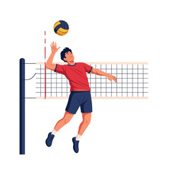 A man in a red shirt and blue shorts jumps to spike a volleyball over the net.