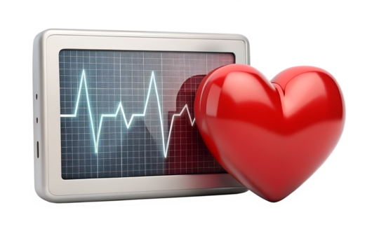 A red heart symbol next to a digital monitor displaying an ecg reading, isolated on transparent background