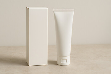 White Cosmetic Tube and Matching Box on Beige Stone Surface