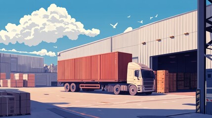 Logistics workers unloading cargo truck at modern warehouse building with pallets and cardboard boxes, showcasing e-commerce distribution, supply chain management, and freight delivery 