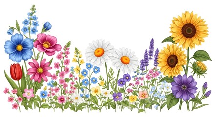 Fototapeta premium A colorful wild pattern with flowers and leaves 