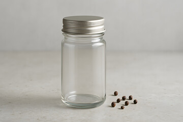 Empty Clear Glass Jar with Metal Lid and Peppercorns