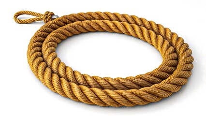 Coiled thick brown rope with loop end made of natural fiber isolated on white background

