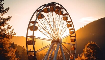 Ferris Wheel at Sunset with Golden Light and Forest Backdrop