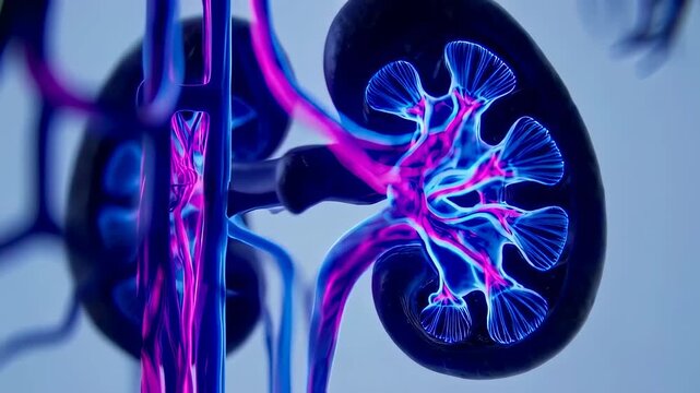 Abstract kidney model animation with pulsating veins highlighting renal system