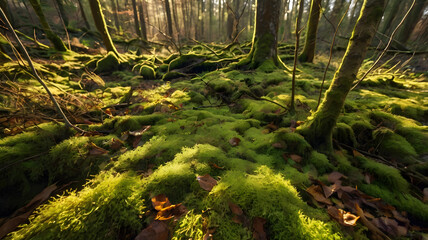 Mossy Forest Floor with Sunbeams and Tall Trees