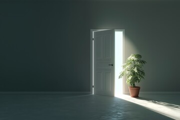 Serene Light Streams Through Open Door, Embracing a Lonely Plant in a Quiet Room