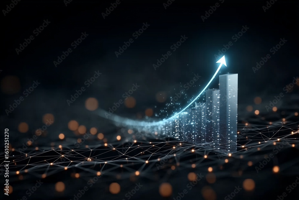 Poster futuristic data growth chart with glowing arrow and network connections in a digital world