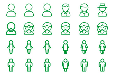 Comprehensive collection of simple human figures depicted with clean outline strokes in various common poses and activities for easy integration into digital projects