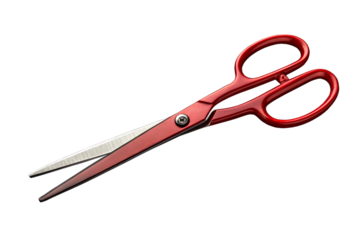 A pair of red handled scissors isolated on transparent background, poised for a precise cut