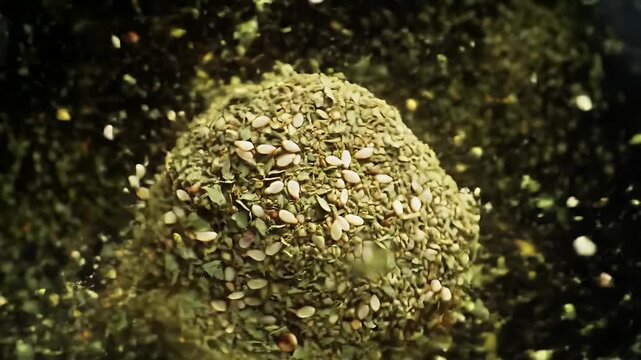 Green Zaatar Blend Close Up with Leafy Flakes and Grains Aromatic Middle Eastern Spice for Culinary Seasoning and Flavor on Dark Background