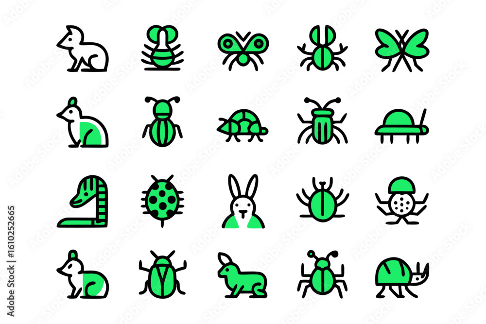 Poster collection of clean line art graphics featuring various domestic animals and pets for digital projec