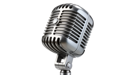 A shiny silver retro microphone isolated on transparent background, ready for a vintage recording session