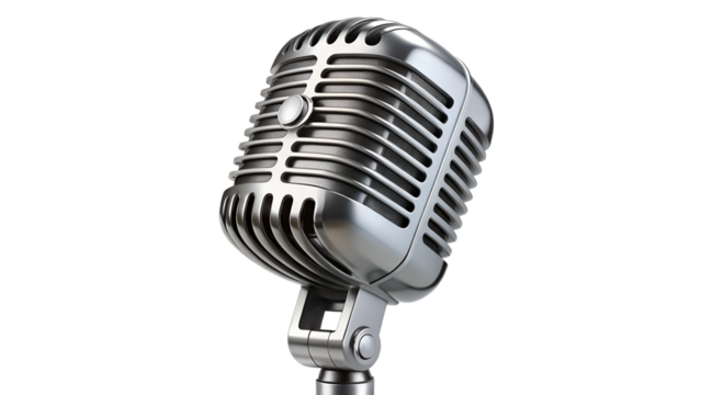 A shiny silver retro microphone isolated on transparent background, ready for a vintage recording session