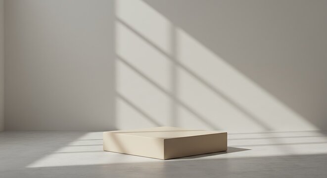 A minimalist rectangular podium in a neutral tone sits on a light gray floor, bathed in natural light with dramatic window shadows creating an artistic atmosphere.