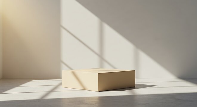 A minimalist rectangular podium in a warm, light tone rests on a pale floor, illuminated by soft natural light with striking diagonal shadows creating an ethereal glow.