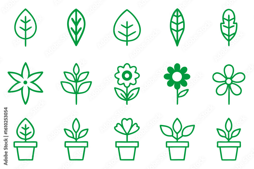 Poster a comprehensive collection of botanical line art illustrations featuring various plant species rende