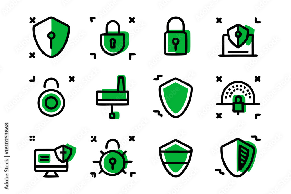 Poster secure data protection line art icons featuring a shielded lock symbol for digital safety and privac