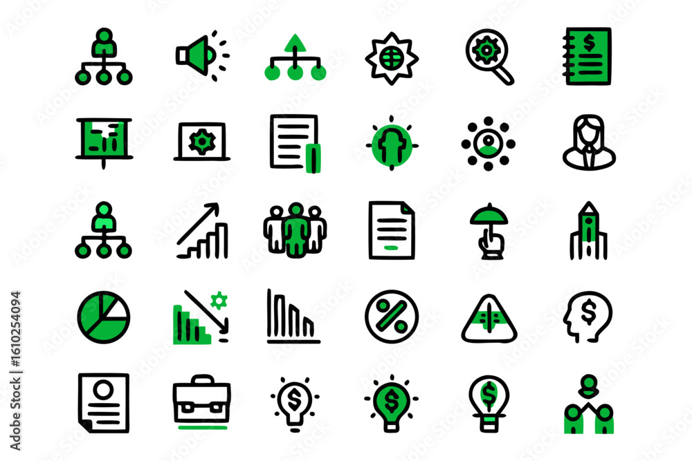 Poster comprehensive project line related icon set featuring diverse symbols for business and technology ap