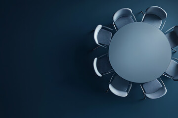 Minimalist round conference table top view, empty modern chairs arrangement, business teamwork concept, executive boardroom furniture layout, corporate meeting preparation, abstract overhead interior 
