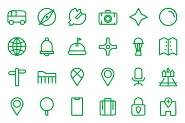 Comprehensive collection of public navigation line art symbols for user interface design and digital applications featuring essential directional and informational icons