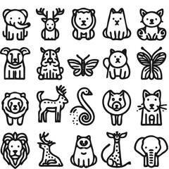 Obraz premium Minimal Animal Icon Set – Cute Wildlife and Pet Line Drawings in Vector Style